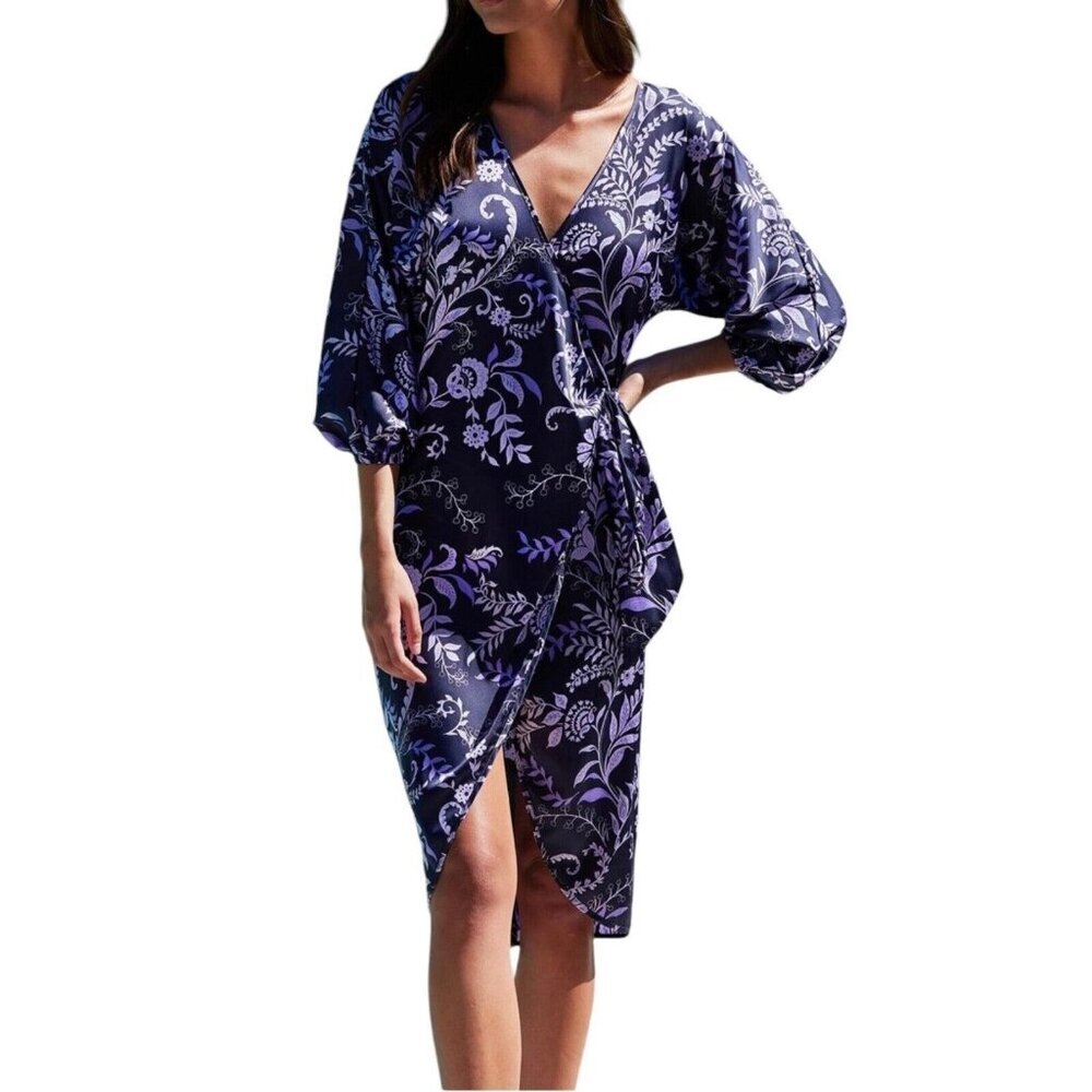 MISA Los Angeles Size XS Sylvia‎ Floral Wrap Midi Dress Indigo Vines MSRP $355